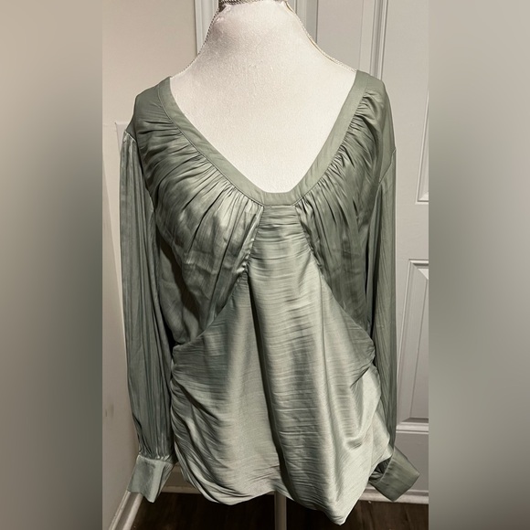 By Anthropologie Sz 2X Mint Green Open Back Blouson Sleeve Blouse Elegant Flowy - Picture 3 of 16